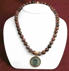 Red Jasper Beaded Necklace Featuring a Roman Bronze Coin of Emperor Maxentius, 306 CE - 312 CE