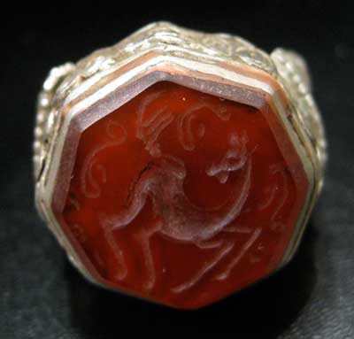 Carnelian Seal of a Deer Set in a Silver Ring