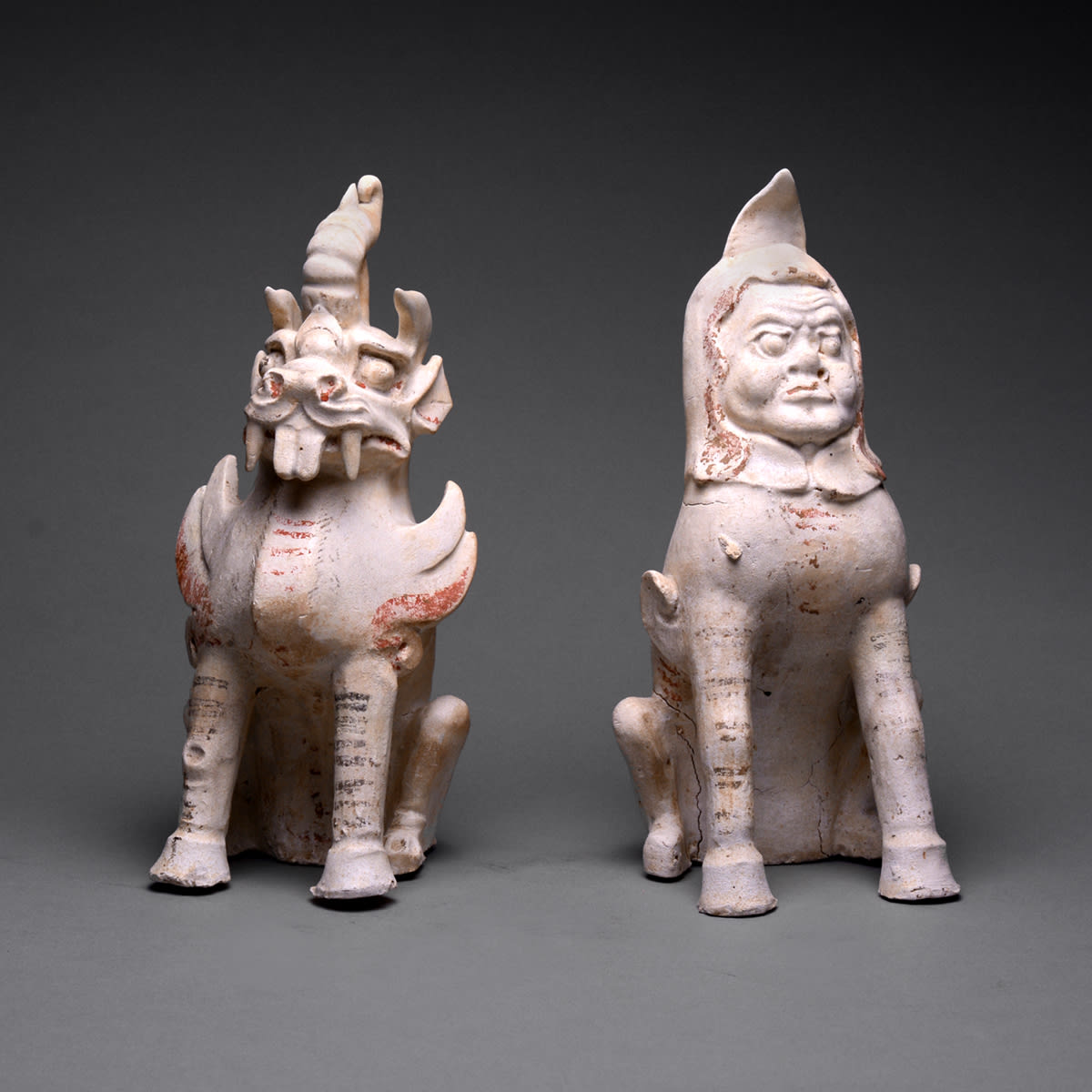 Pair of Sui Glazed and Painted Terracotta Spirit Guardians, 581 CE - 618 CE