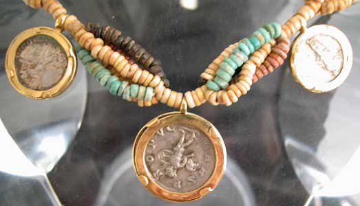 Faience Beaded Necklace Featuring Three Roman Silver Denarii, 98 CE - 244 CE