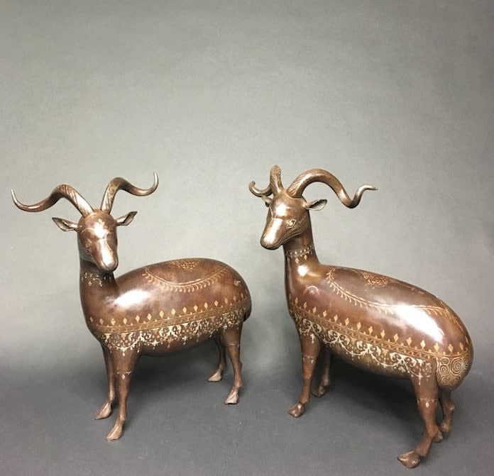 Pair of gold damascened steel figures of rams, 1800 CE - 1900 CE