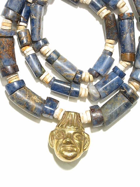 Gold Pendant Strung on Sodolite and Misceallaneous Ancient Beads, 300 CE - 1200 CE