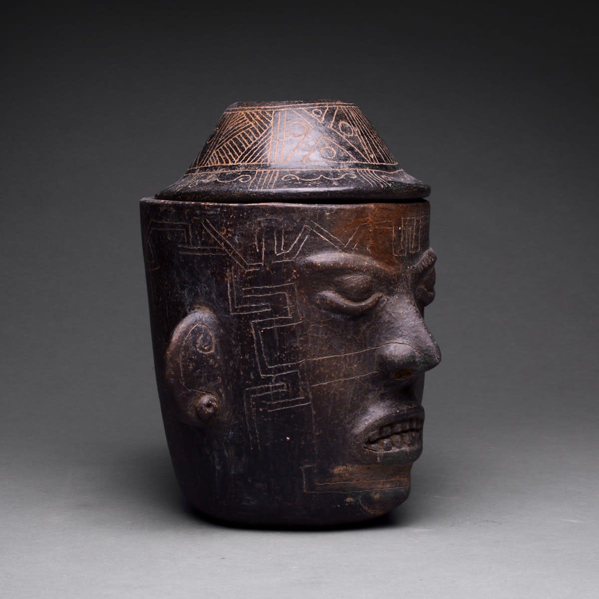 Guanacaste-Nicoya Blackware Trophy Head Vessel, 500 CE - 1000 CE
