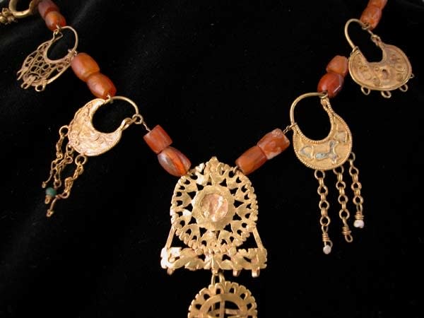 Necklace with Roman Gold Earrings and Bronze Age Carnelian Beads, 1600 BCE - 500 CE