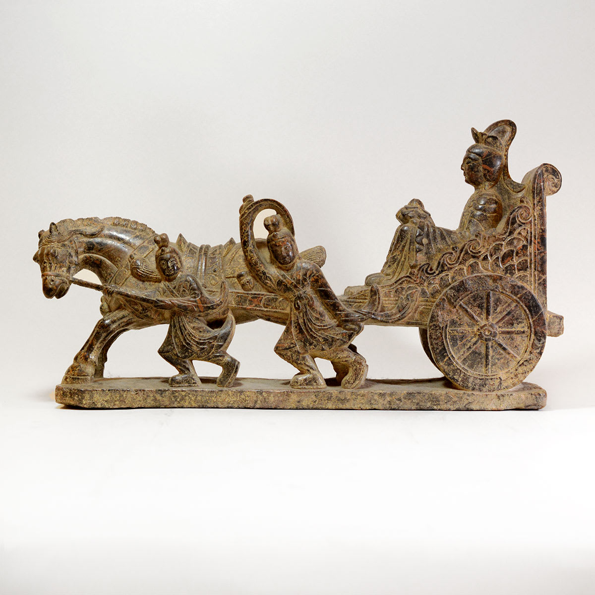Ming Stone Sculpture of a Chariot Rider, Horse and Attendents, 1368 CE - 1644 CE