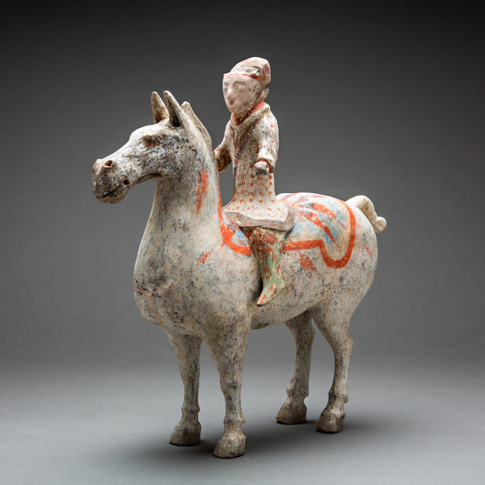 Set of Painted Terracotta Han Horse and Rider Sculptures, 206 BCE - 220 CE