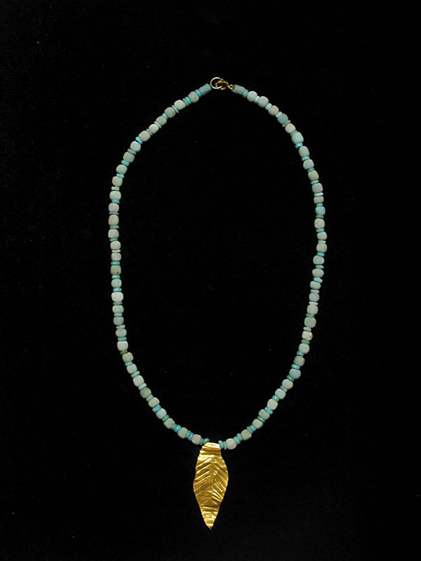 Egyptian Blue Faience Beads Strung In A Necklace With A Hellenistic Gold Leaf Pendant, 1600 BCE - 100 BCE