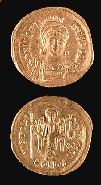 Byzantine Gold Solidus of Emperor Justinian I, 527 CE - 565 CE