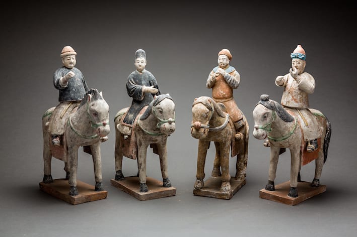 Ming Painted Terracotta Set Consisting of Five Figures and Four Horse and Riders, 1368 CE - 1644 CE