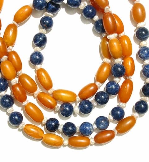 Necklace Of Amber, Sodalite, Freshwater Pearls