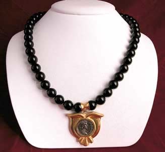Onyx Beaded Necklace Featuring a Roman Silver Denarius of Emperor Nerva, 96 CE - 98 CE