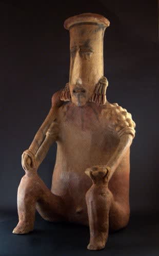 San Juanito Style Jalisco Sculpture of a Seated Man Holding a Scepter and an Offering Bowl, 300 BCE - 300 CE