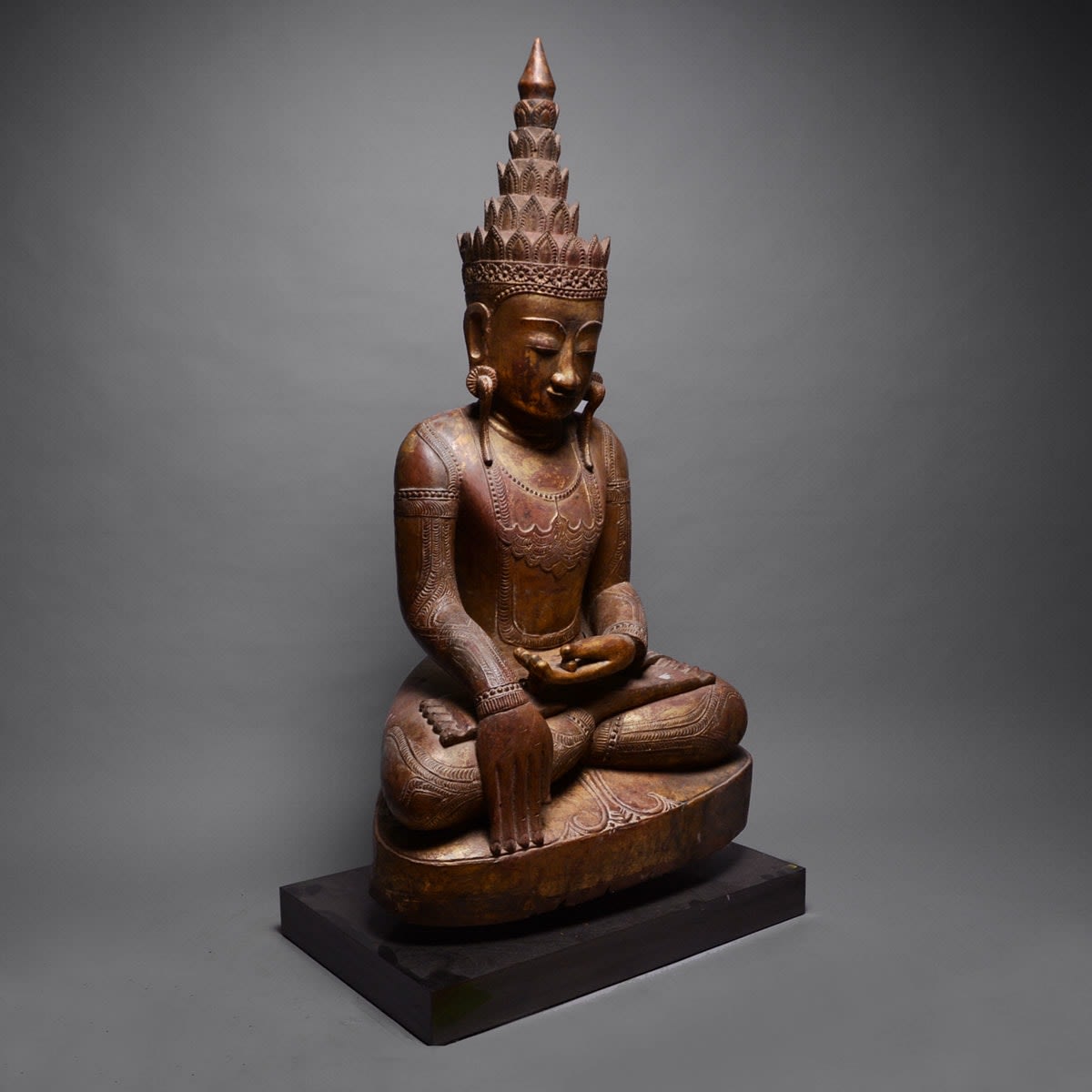 Shan Gilt Wood Sculpture of the Buddha Forming the Bhumisparsa Mudra, 18th Century CE - 19th Century CE