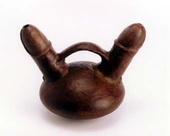 Vicus Double-Spouted Stirrup Bottle With Phallus, 300 BCE - 300 CE