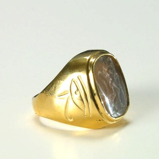 Gold Ring Featuring a Roman Agate Intaglio of a Deity Battling Serpents, 100 CE - 300 CE
