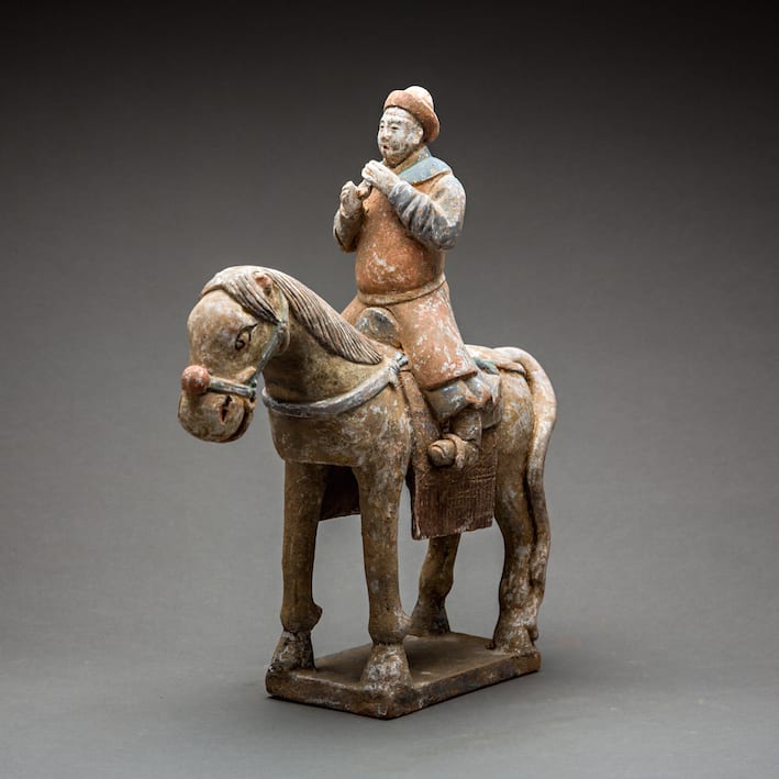 Ming Painted Terracotta Set Consisting of Five Figures and Four Horse and Riders, 1368 CE - 1644 CE