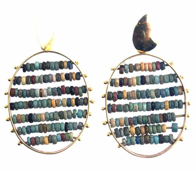 Egyptian Faience Beads Set in an 18 Karat Gold ear, 1600 BCE - 1100 BCE