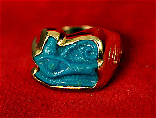 Gold Ring with Faience Eye of Horus Amulet -, 1600 BCE - 1100 BCE