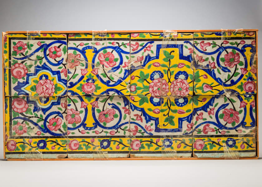 Panel of Persian earthenware tiles, painted in polychrome glaze, Late Safavid Period: 17th to 18th century CE