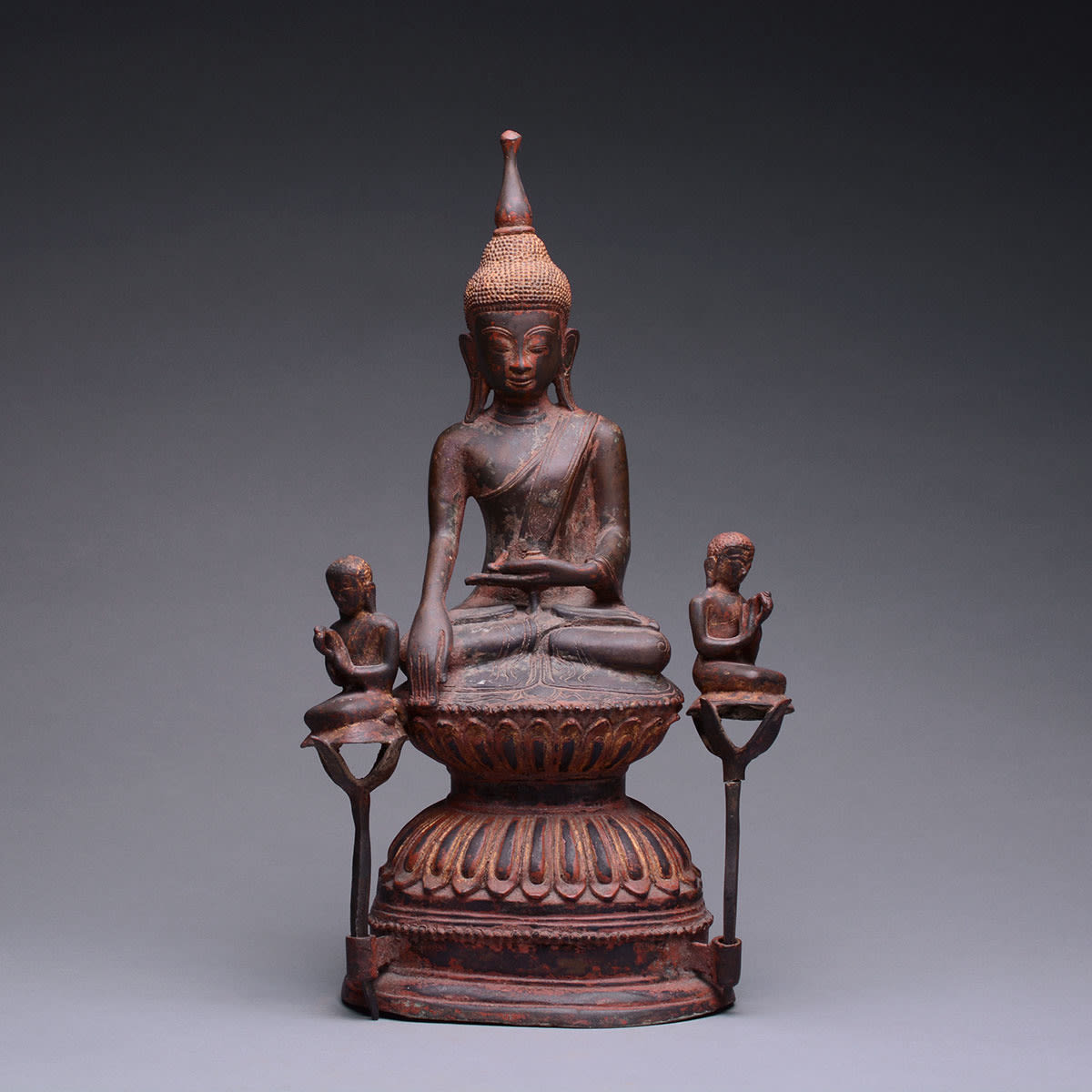 Shan Bronze Sculpture of Buddha Seated on a Double Lotus Throne with Two Disciples, 18th Century CE