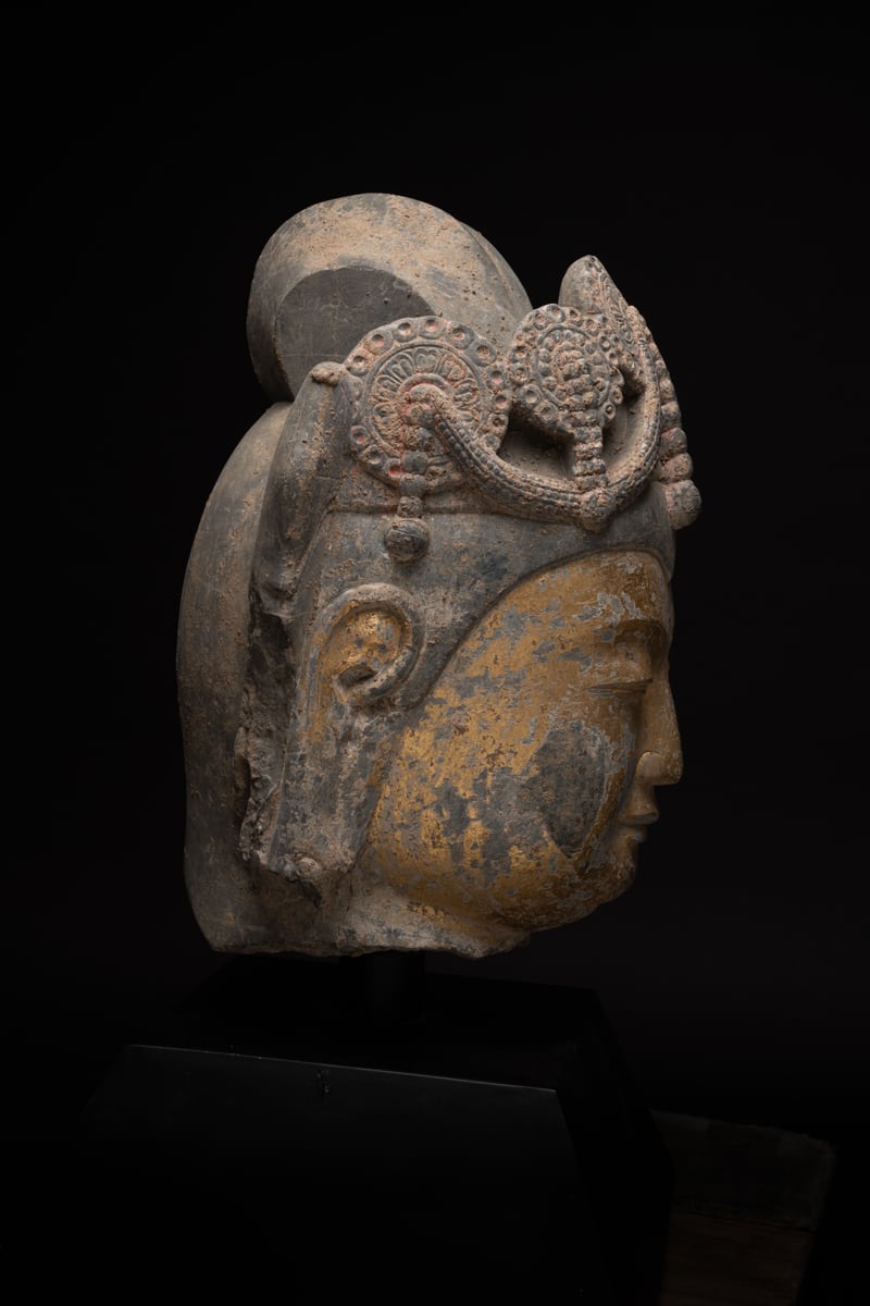 Sui Gilt-Stone Head of a Bodhisattva, possibly Maitreya, 581 CE - 618 CE