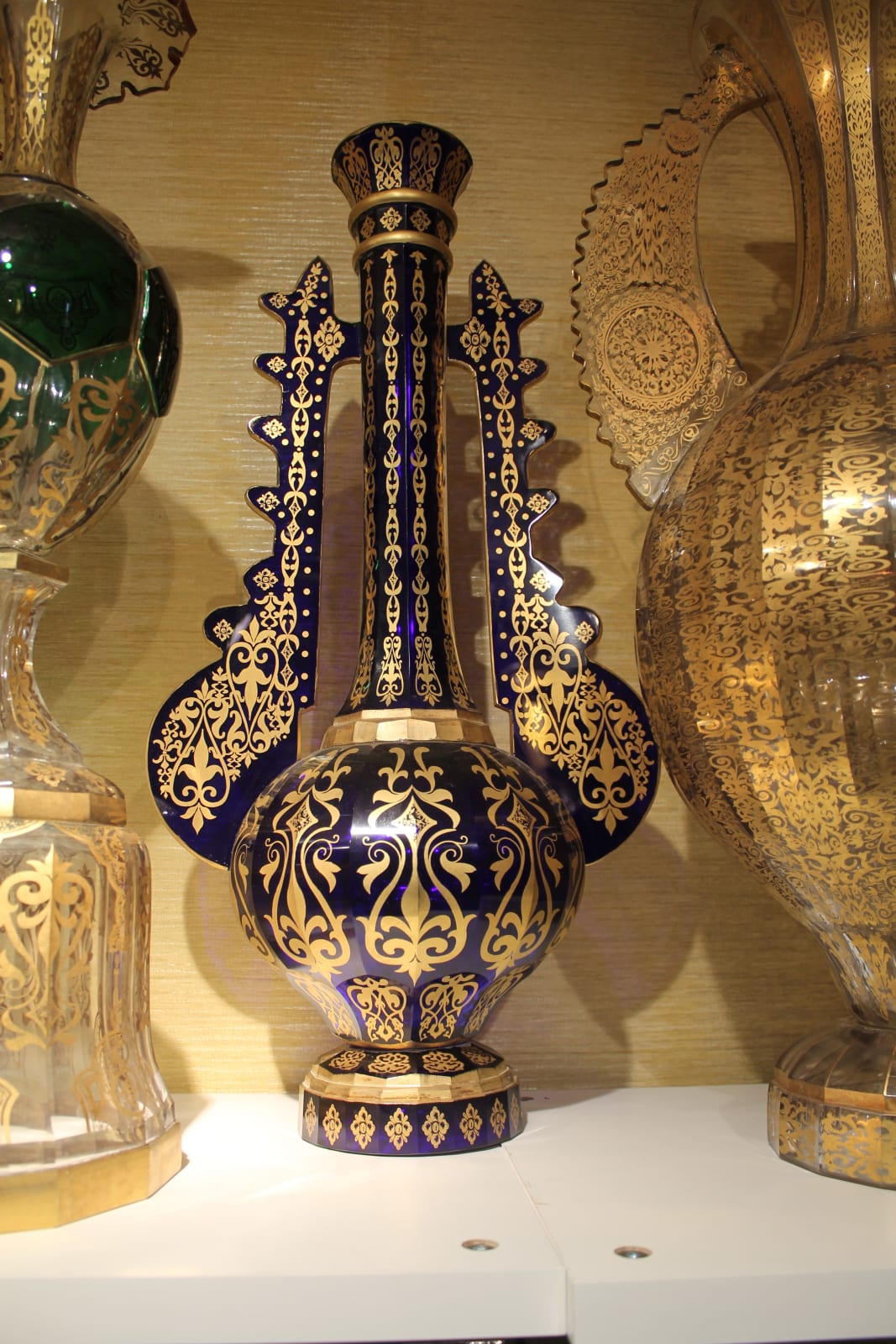 Pair of blue glass Alhambra style vasesl