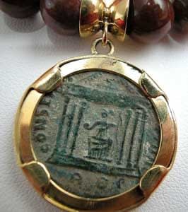 Red Jasper Beaded Necklace Featuring a Roman Bronze Coin of Emperor Maxentius, 306 CE - 312 CE