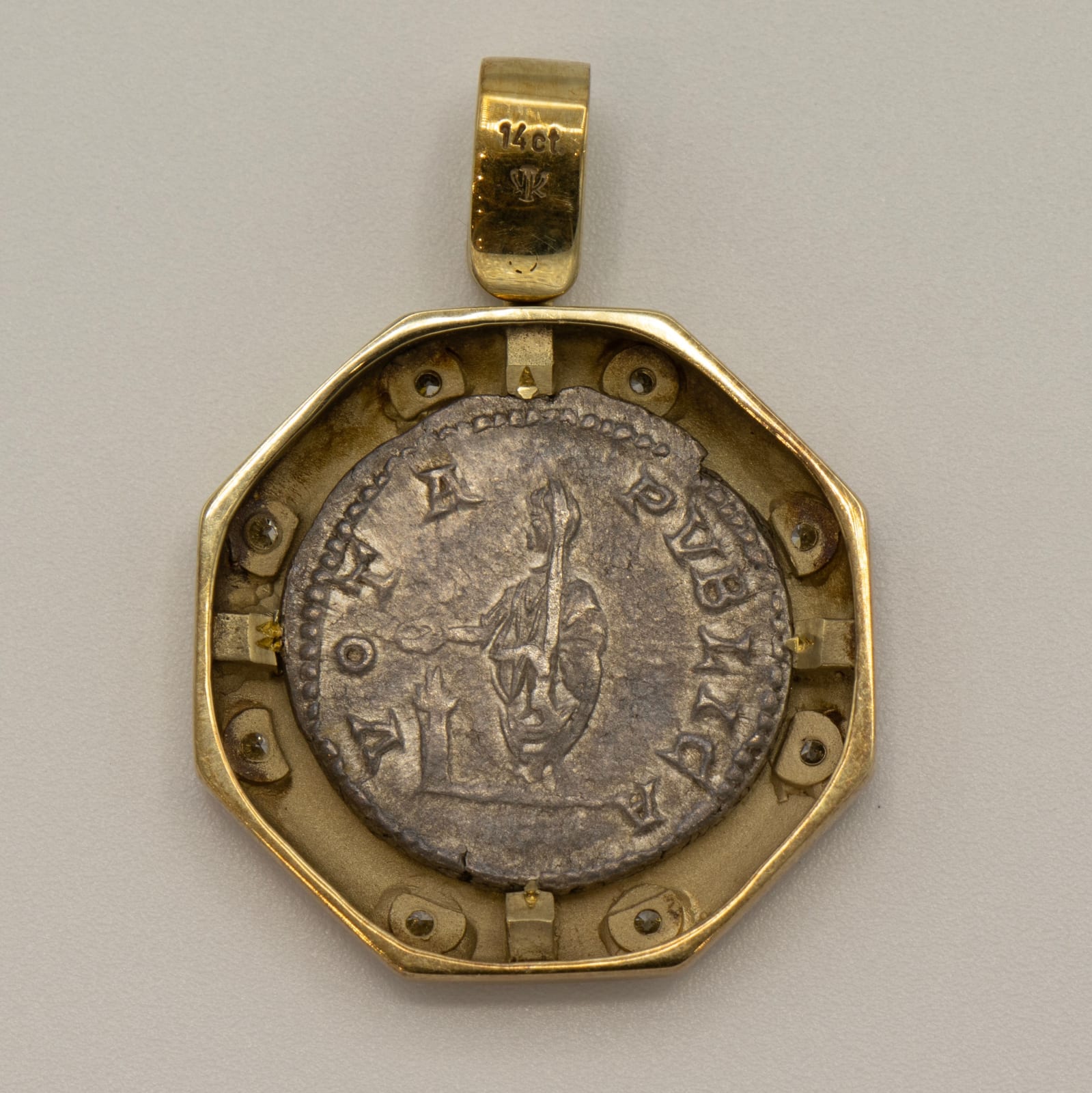 14 Karat Gold Pendant with Diamonds Featuring a Roman Silver Denarius of Emperor Geta, 209 CE - 212 CE