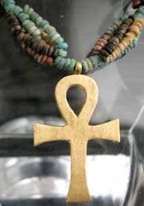 Five Strand Egyptian Faience Bead Necklace with a gold Ankh, 1900 BCE - 1100 BCE