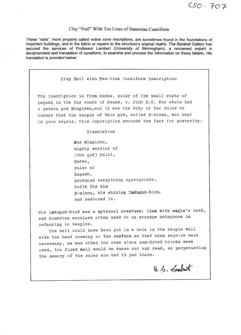 Clay Nail with Ten-Line Cuneiform Inscription, 2100 BCE