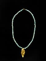 Egyptian Blue Faience Beads Strung In A Necklace With A Hellenistic Gold Leaf Pendant, 1600 BCE - 100 BCE