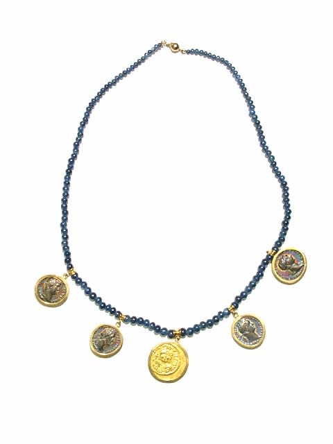 Sapphire Beaded Necklace Featuring Four Roman Silver Denarii and a Byzantine Gold Solidus, 98 CE - 602 CE