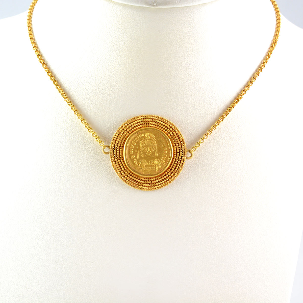 Byzantine Revival Gold Necklace Featuring a Byzantine Gold Coin Emperor Justinian I, 527 CE - 565 CE