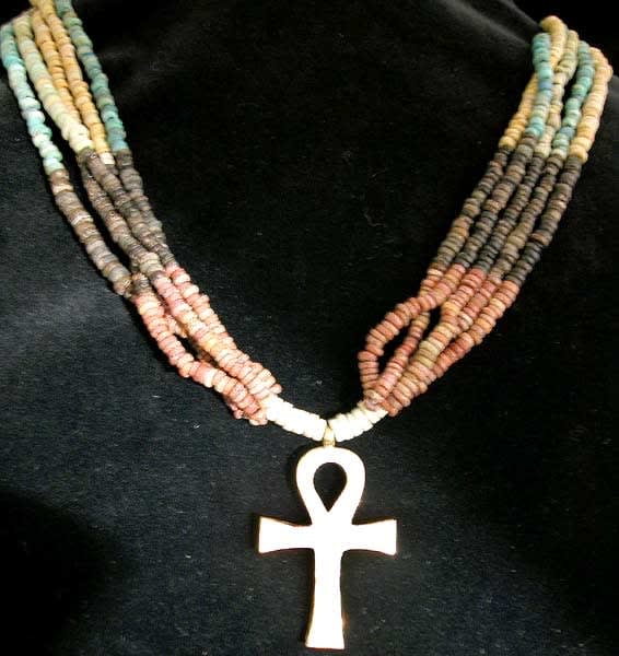 Five Strand Egyptian Faience Bead Necklace with a gold Ankh, 1900 BCE - 1100 BCE