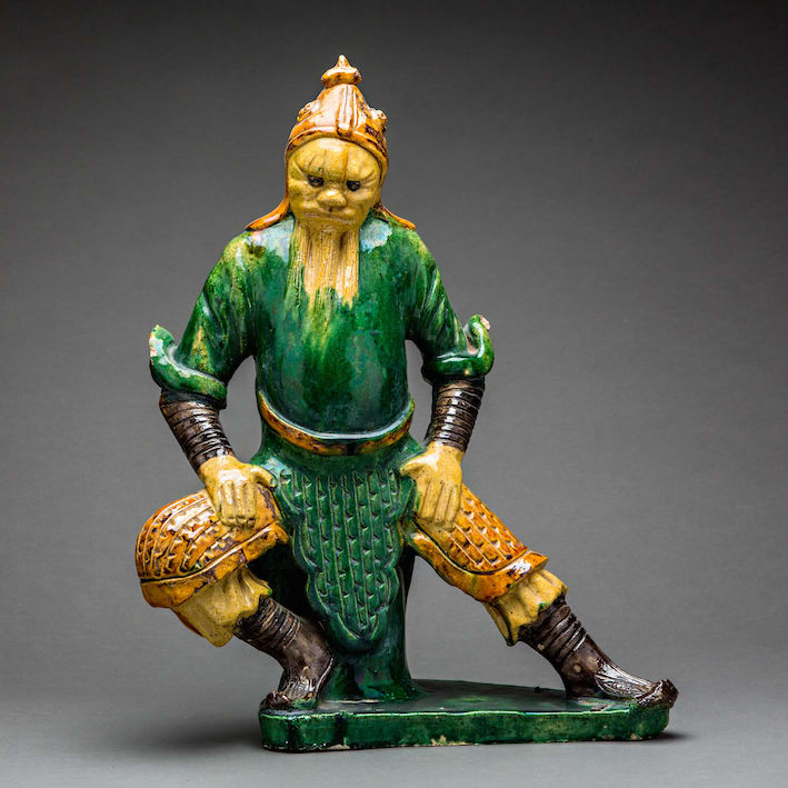 Pair of Sancai Glazed Roof Tiles in the form of Standing Warriors, 1368 CE - 1644 CE