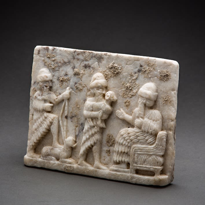 Sumerian relief plaque in calcite alabaster, 3000 BCE - 2000 BCE