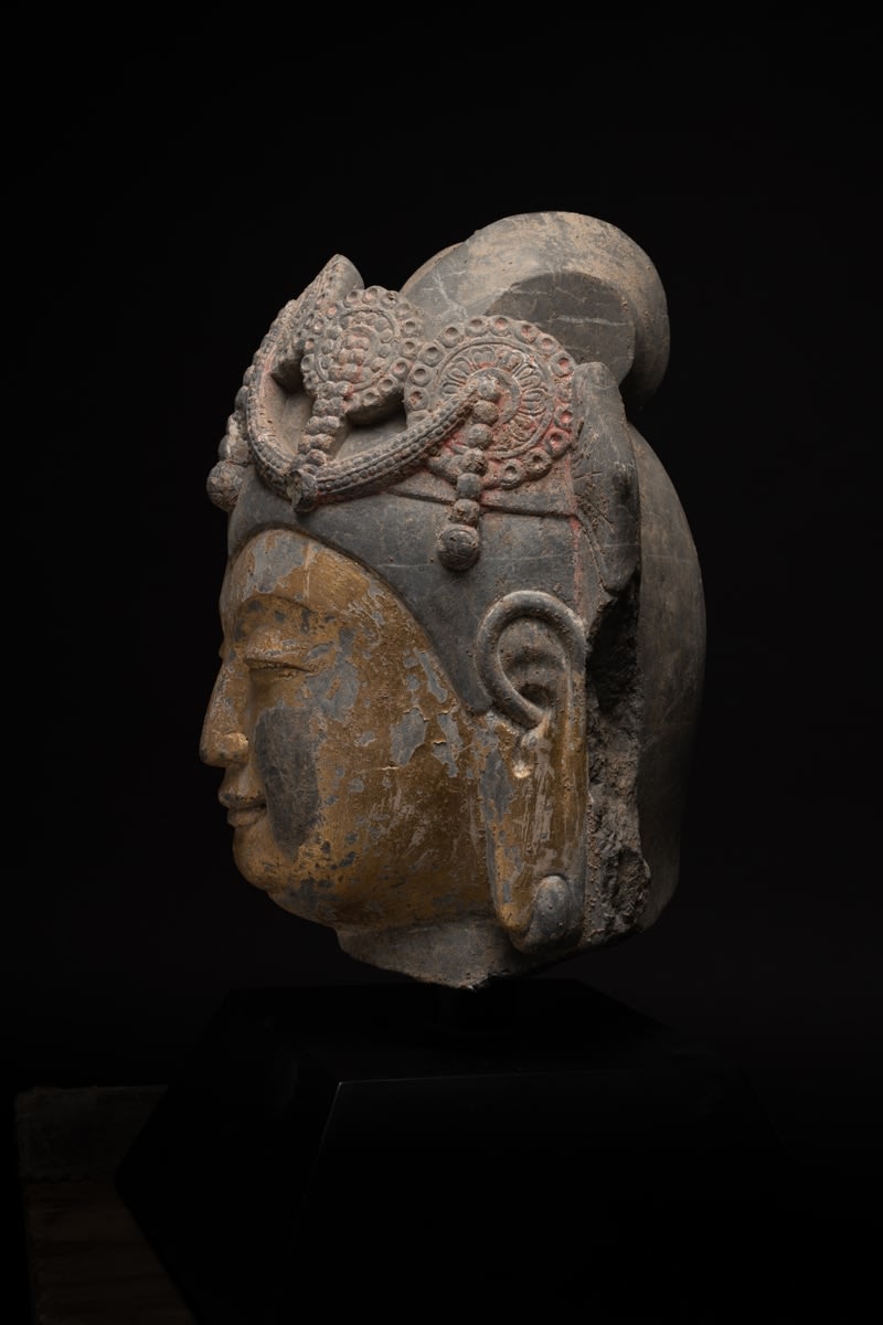 Sui Gilt-Stone Head of a Bodhisattva, possibly Maitreya, 581 CE - 618 CE
