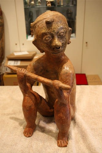 Chinesco Style (Type E) Nayarit Terracotta Sculpture of a Seated Warrior, 300 BCE - 300 CE