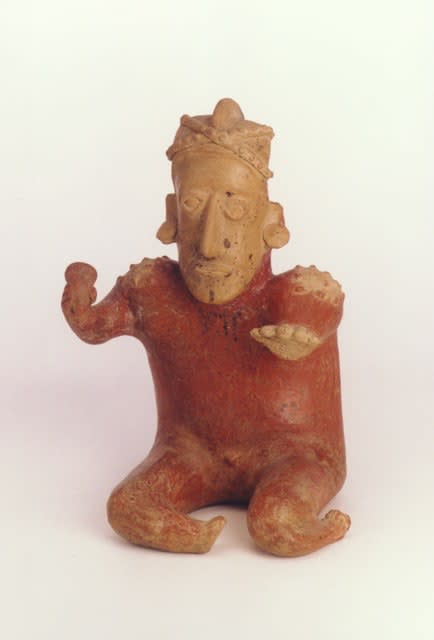 Ameca-Ezatlán Style Jalisco Terracotta Sculpture of a Kneeling Man with Rattle, 300 BCE - 300 CE