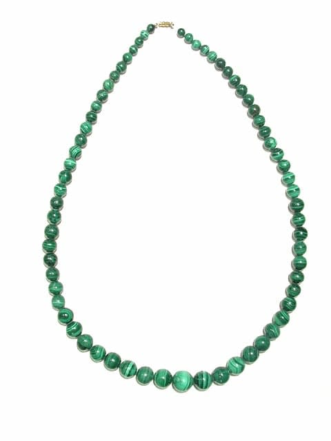 Necklace Composed Of Genuine Malachite Beads With A 14 Karat Gold Clasp