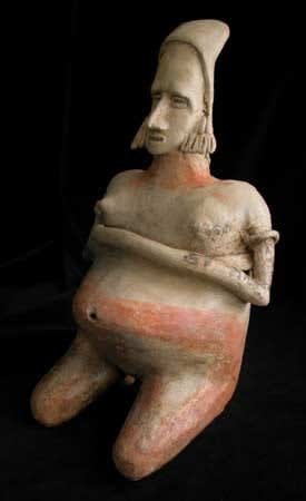 San Juanito Style Jalisco Terracotta Sculpture of a Kneeling Pregnant Woman, 300 BCE - 300 CE