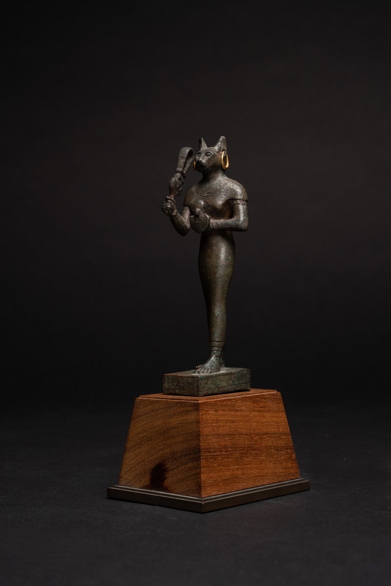 Egyptian Bronze Sculpture of Bastet with Gold Earrings, 664 BCE - 525 BCE