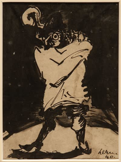 Josef Herman, Untitled Drawing (Figure in Purim costume wearing feathered hat), 1940