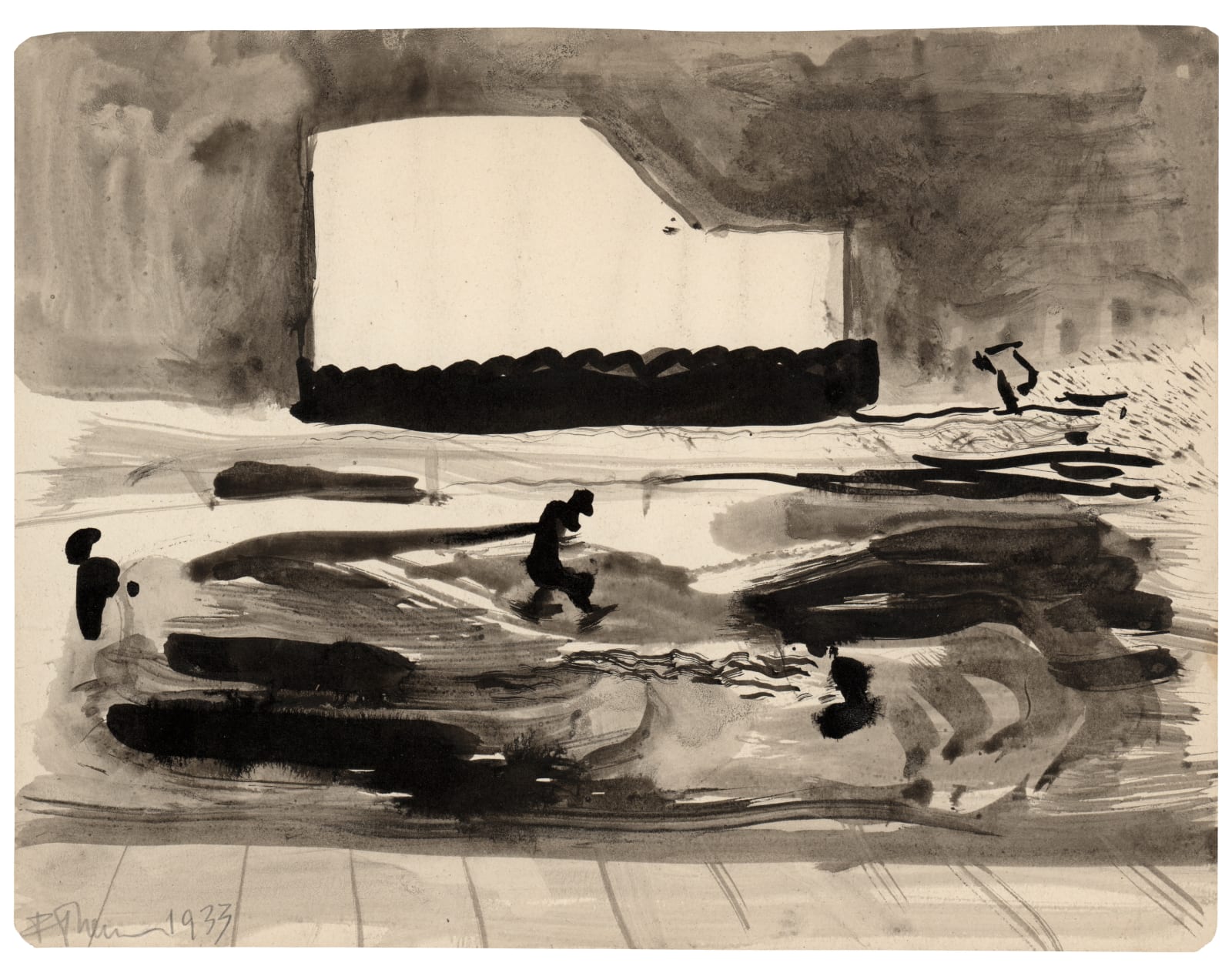 Franciszka Themerson, Figures in front of a large building (3) , 1933