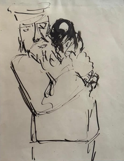 Josef Herman, Untitled Drawing (Man Wearing Hat Holding Baby), c. 1940-43
