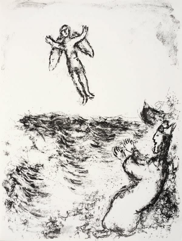 Marc Chagall, Prospero sets Ariel free, and he is seen flying upward above the billowing sea, 1975