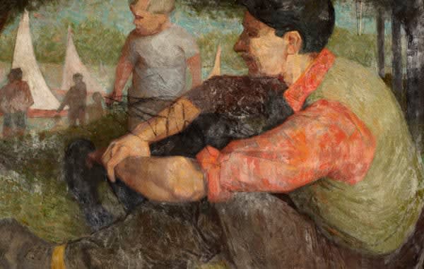 Unknown, Man Seated by River with Boats