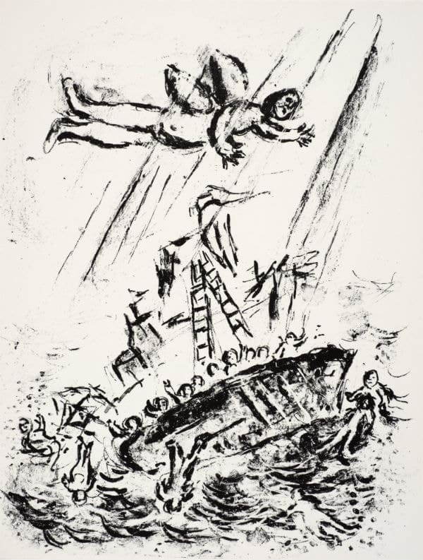 Marc Chagall, Ariel flies above the sinking ship, 1975