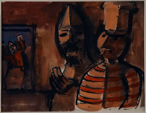 Josef Herman, Untitled (Three figures, Two in Purim Hats), c. 1940-43