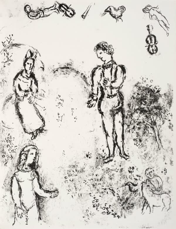Marc Chagall, Ferdinand, Miranda, and Prospero, with musical spirits flying above, 1975